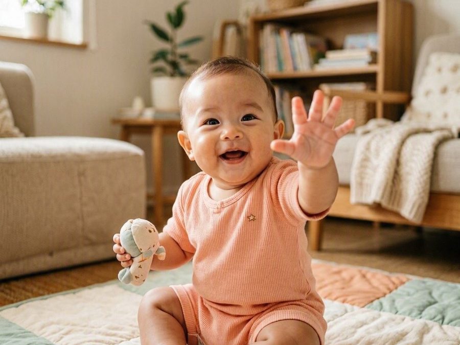 Bayi tersenyum dan melambai