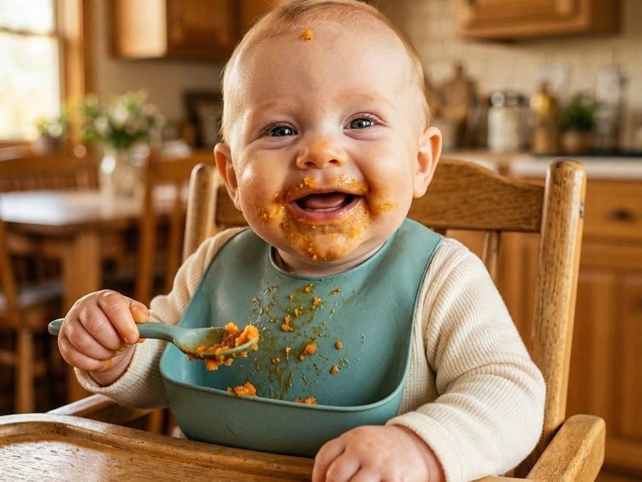 Bayi makan makanan pepejal dengan sudu sendiri