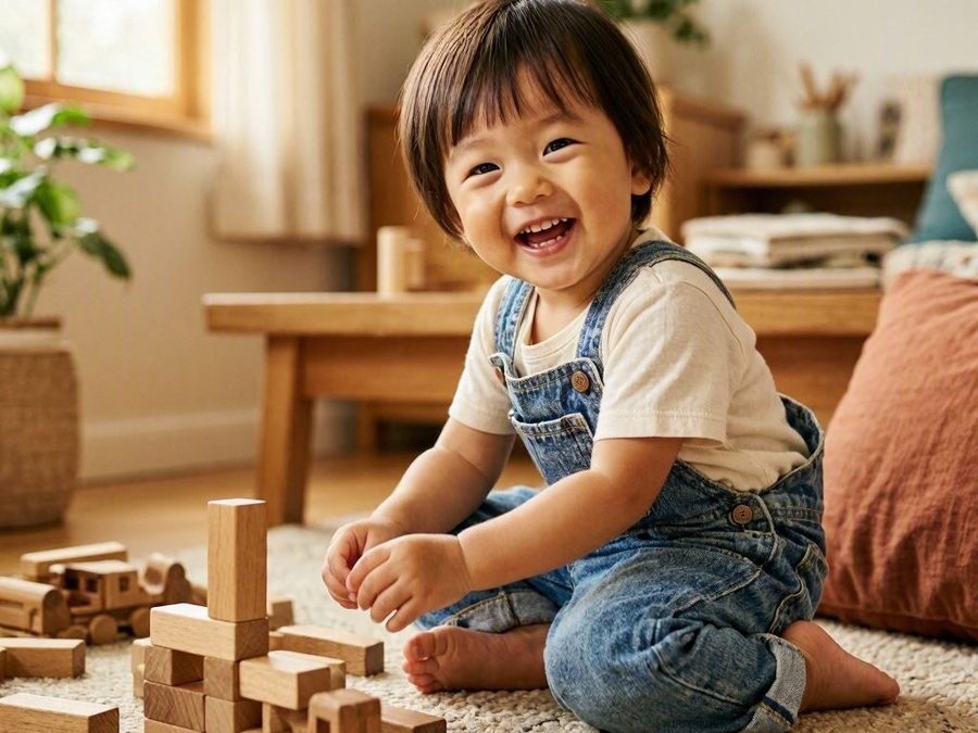 Kanak-kanak prasekolah bermain blok kayu dengan gembira
